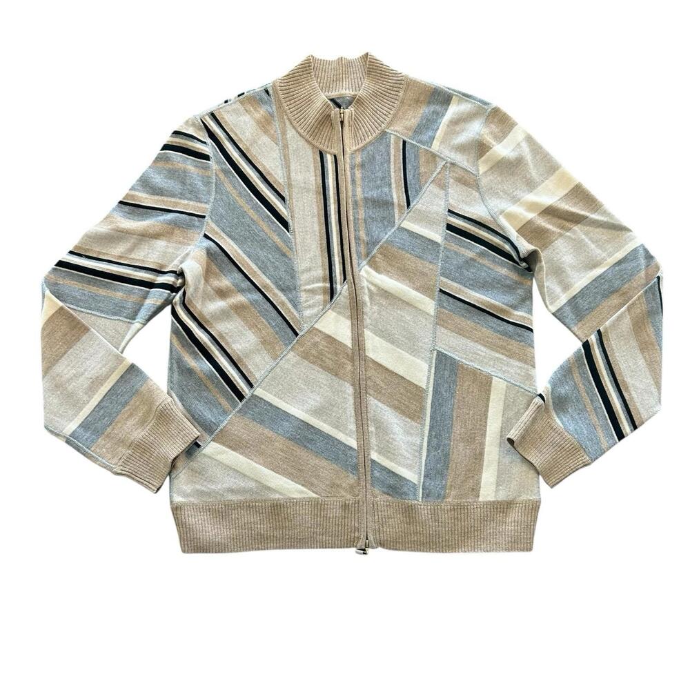 St. John Sport Zip Front Knit Jacket Neutral Stripe Wool Blend Women’s MEDIUM